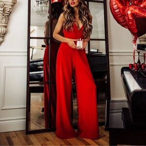 Wayf Sleeveless V-Neck Red Crepe Jumpsuit Wide Leg Large one piece NEW